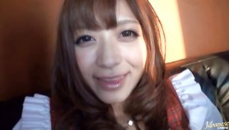 Cheerful nipponese lady Haruki Sato is excited to ride a hard packing monster